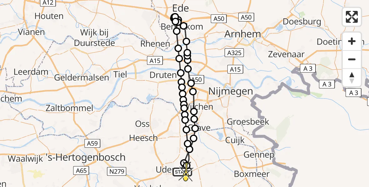 Routekaart van de vlucht: Politieheli naar Vliegbasis Volkel, De Bunders