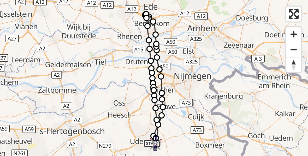 Vluchtroute Politiehelikopter van Vliegbasis Volkel naar Vliegbasis Volkel