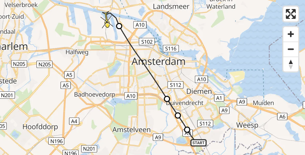 Routekaart van de vlucht: Lifeliner 1 naar Amsterdam Heliport, Schurenbergweg