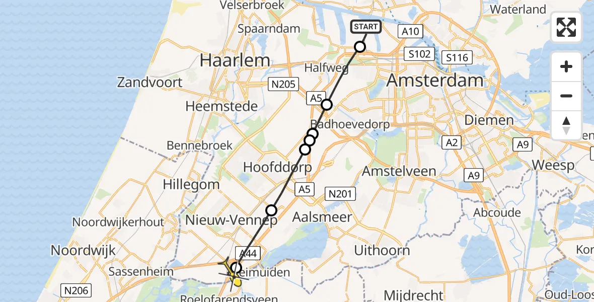 Routekaart van de vlucht: Lifeliner 1 naar Weteringbrug, Nieuw-Zeelandweg