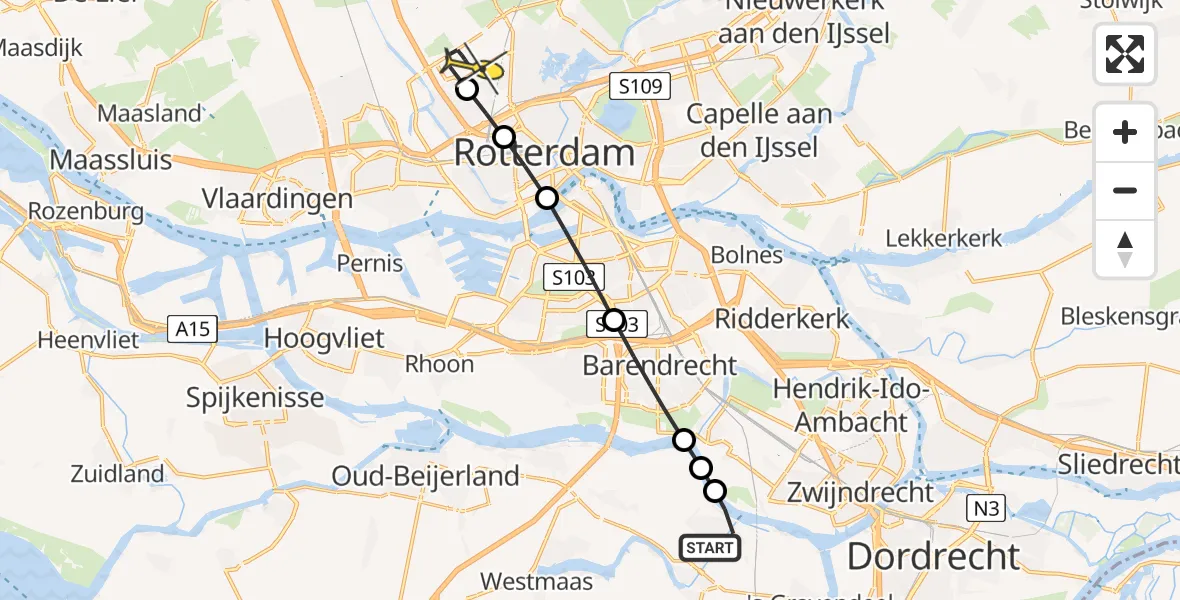 Routekaart van de vlucht: Lifeliner 2 naar Rotterdam The Hague Airport, Molendijk