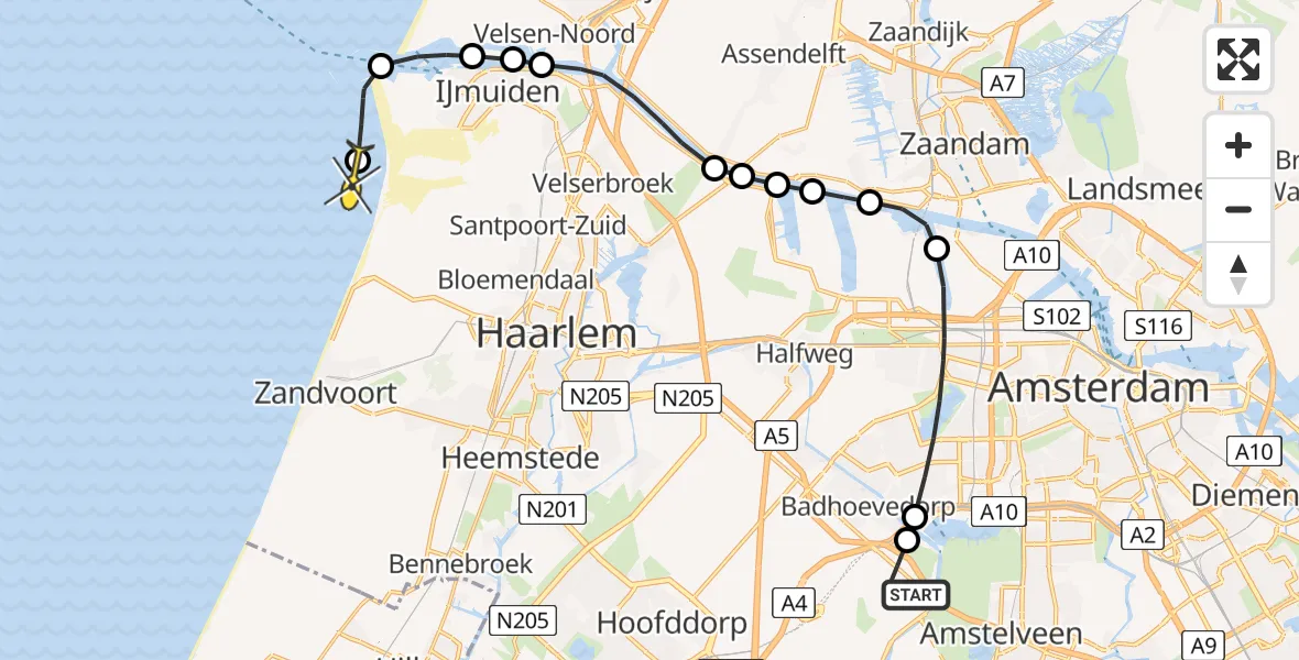 Routekaart van de vlucht: Politiehelikopter naar Overveen, Loevesteinse Randweg
