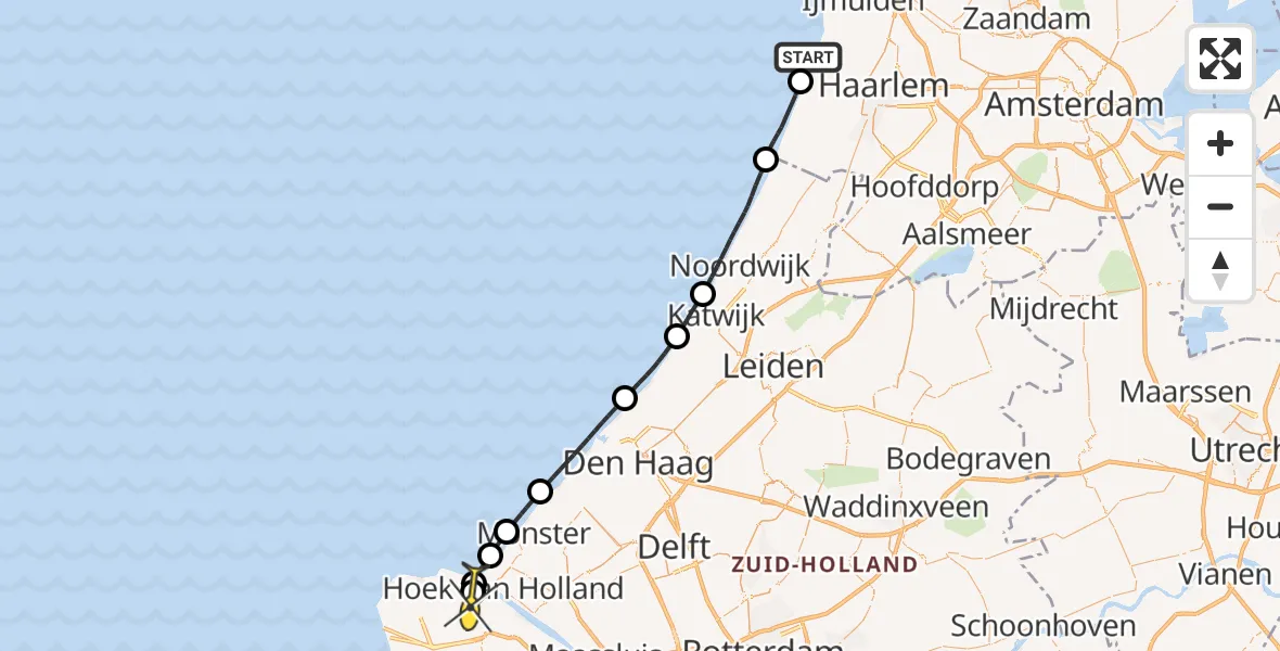 Routekaart van de vlucht: Politiehelikopter naar Maasvlakte Heliport, Strandafgang Barnaart