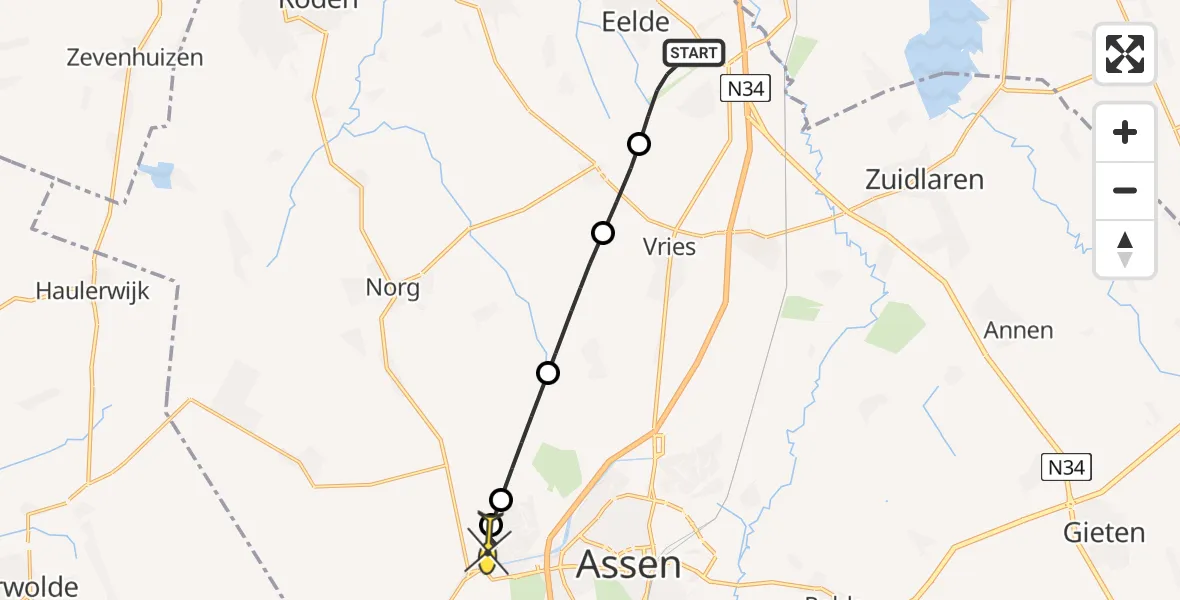 Routekaart van de vlucht: Lifeliner 4 naar Assen, Veldkampweg