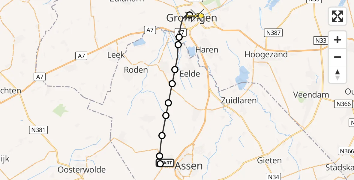 Routekaart van de vlucht: Lifeliner 4 naar Universitair Medisch Centrum Groningen, Norgervaart