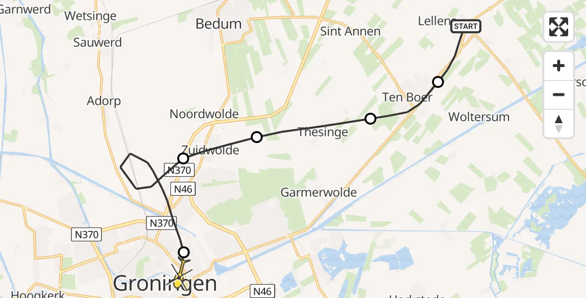 Routekaart van de vlucht: Lifeliner 4 naar Universitair Medisch Centrum Groningen, Rijksweg