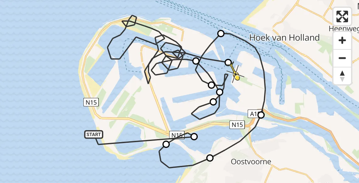 Routekaart van de vlucht: Politieheli naar Maasvlakte Heliport, Slag Bergeend