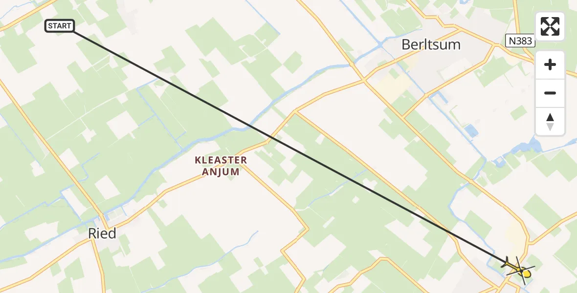 Routekaart van de vlucht: Ambulancehelikopter naar Menaam, Bitgumerdyk