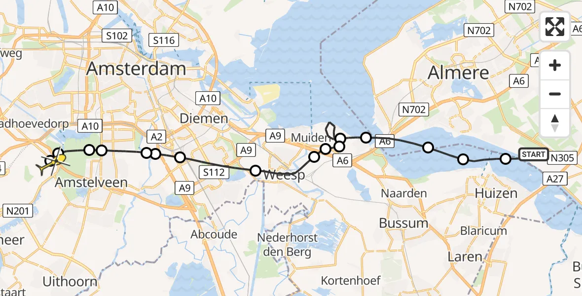 Routekaart van de vlucht: Politieheli naar Schiphol, Gooimeer