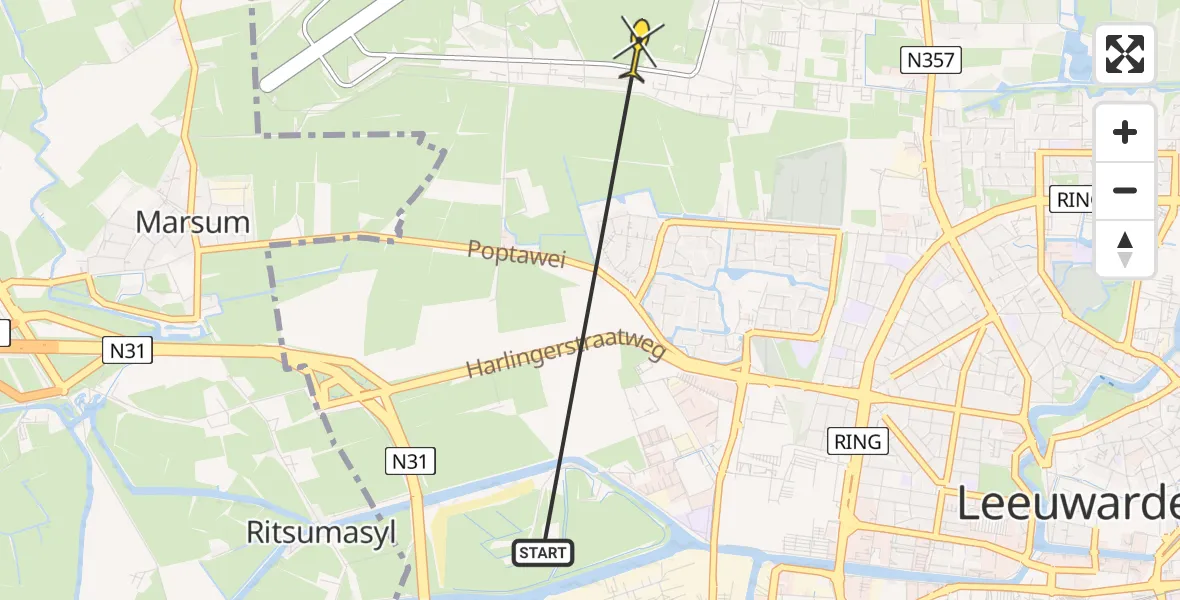 Vluchtroute Ambulancehelikopter van Leeuwarden naar Vliegbasis Leeuwarden