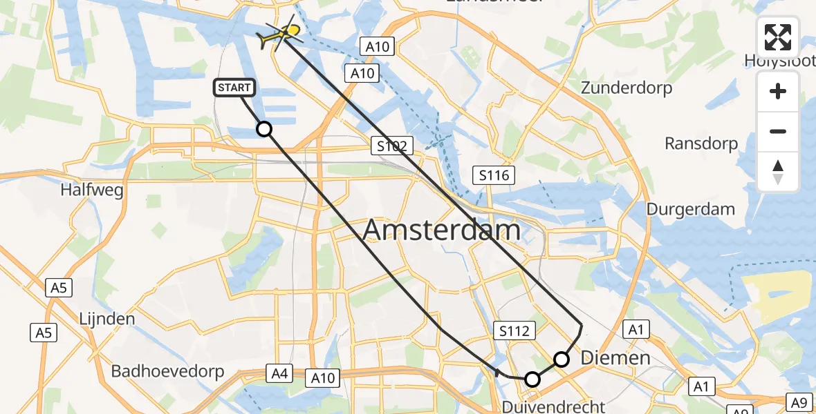 Routekaart van de vlucht: Lifeliner 1 naar Amsterdam, Beringhaven