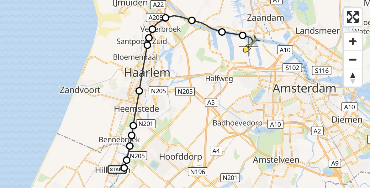 Routekaart van de vlucht: Lifeliner 1 naar Amsterdam Heliport, Hillegommerdijk