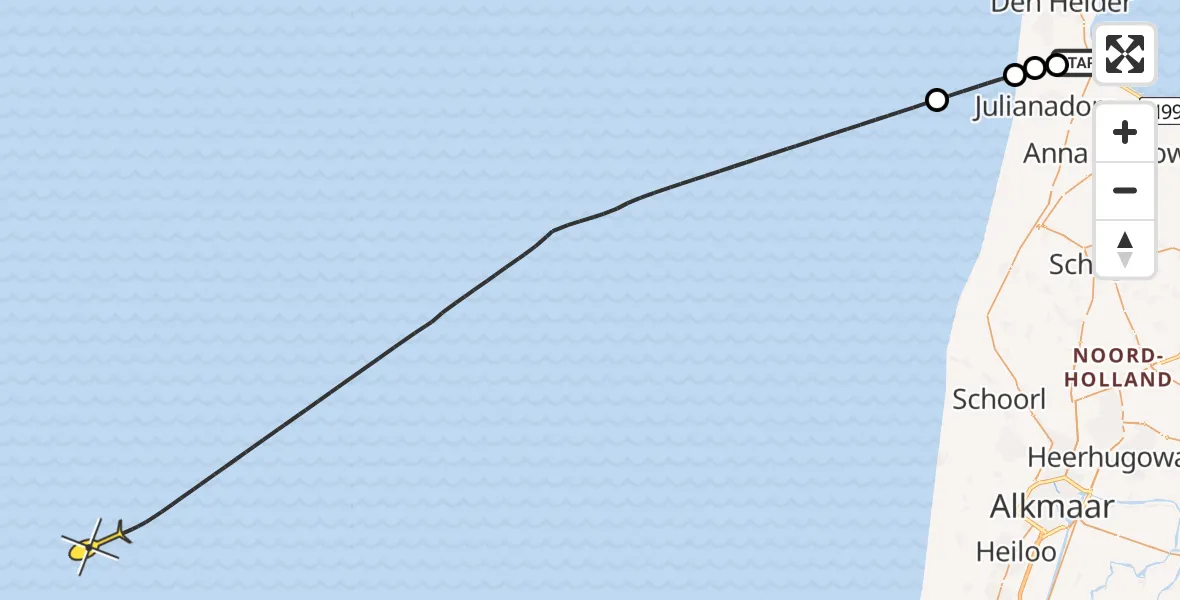 Routekaart van de vlucht: Kustwachthelikopter naar Hendrik hoeve