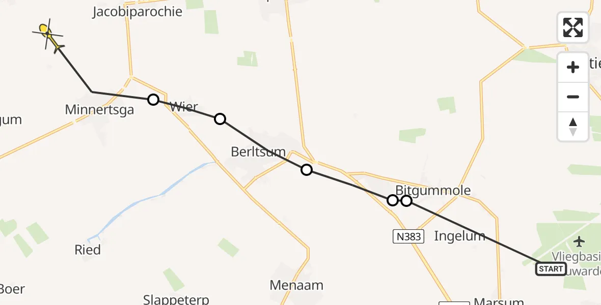 Routekaart van de vlucht: Ambulancehelikopter naar St.-Jacobiparochie, Menamerdyk