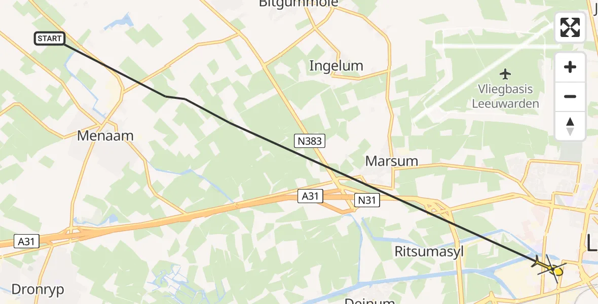 Routekaart van de vlucht: Ambulancehelikopter naar Leeuwarden, Bitgumerdyk