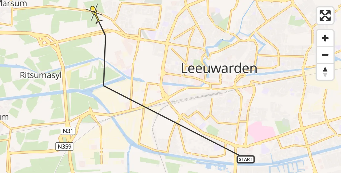 Vluchtroute Ambulancehelikopter van Leeuwarden naar Leeuwarden