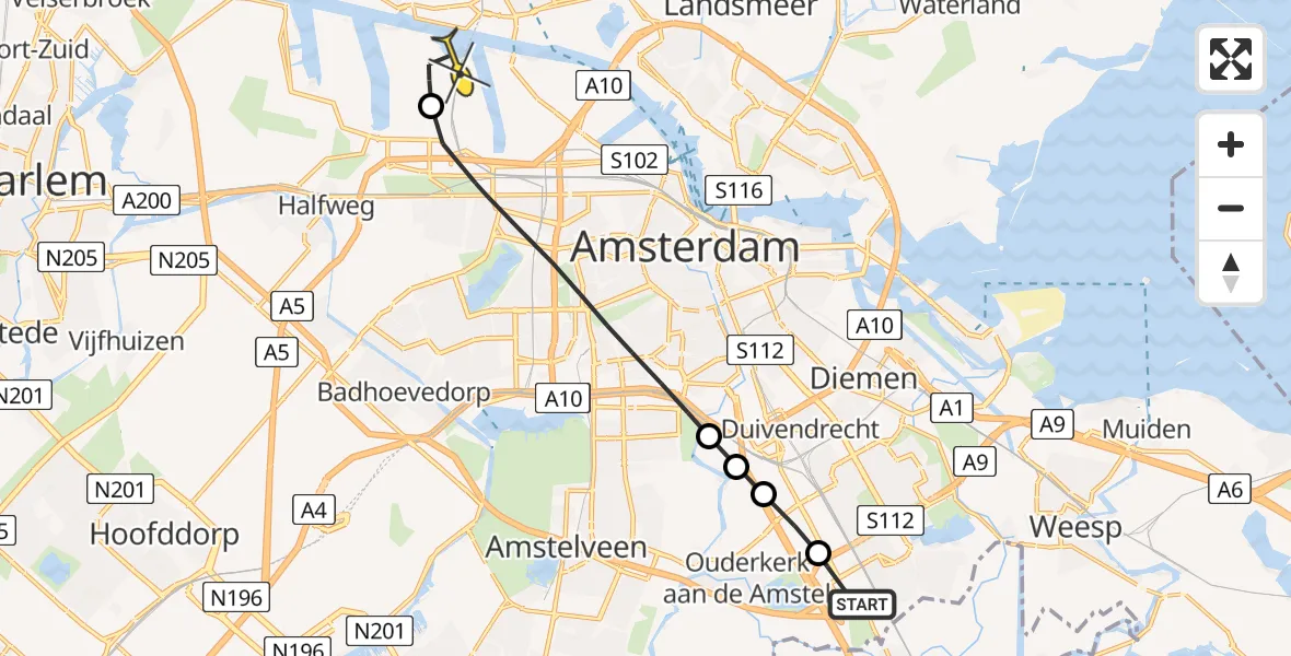 Routekaart van de vlucht: Lifeliner 1 naar Amsterdam Heliport, Stekkenbergweg