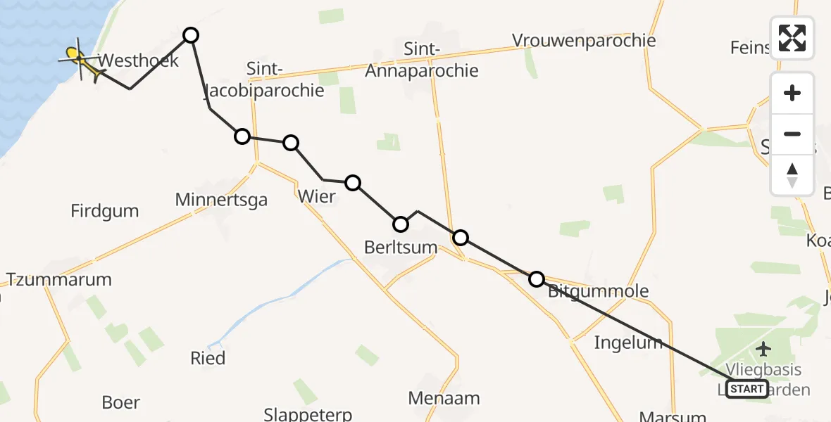Routekaart van de vlucht: Ambulancehelikopter naar St.-Annaparochie, Buorren