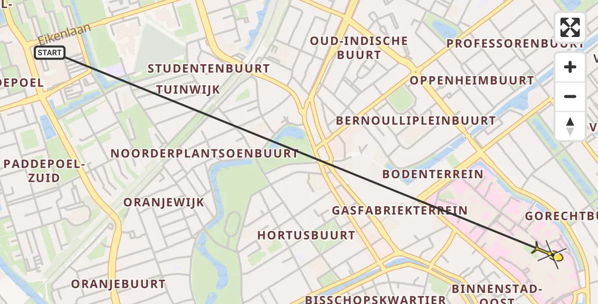 Routekaart van de vlucht: Ambulancehelikopter naar Universitair Medisch Centrum Groningen, Winkelstraat