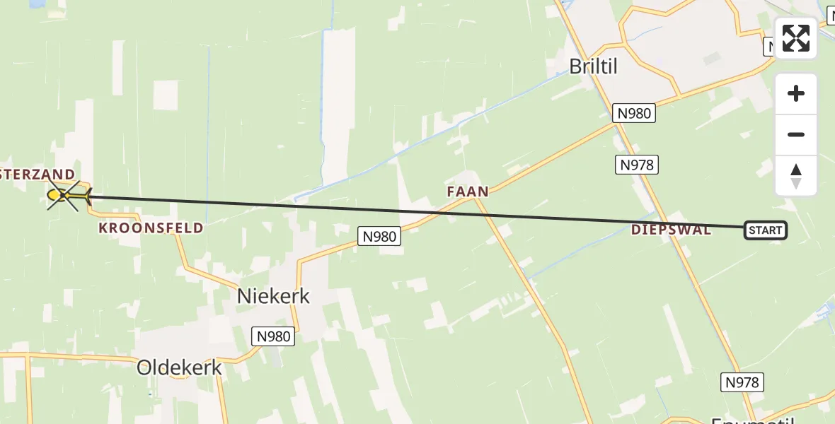 Routekaart van de vlucht: Ambulancehelikopter naar Oldekerk, Zandumerweg