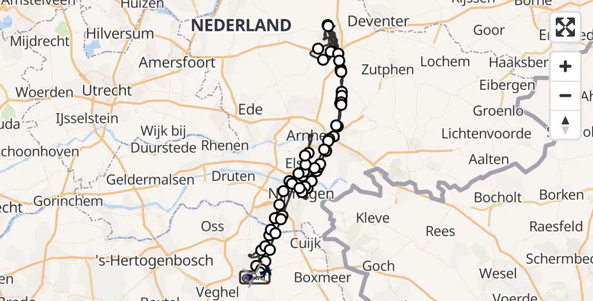 Vluchtroute Politiehelikopter van Vliegbasis Volkel naar Vliegbasis Volkel