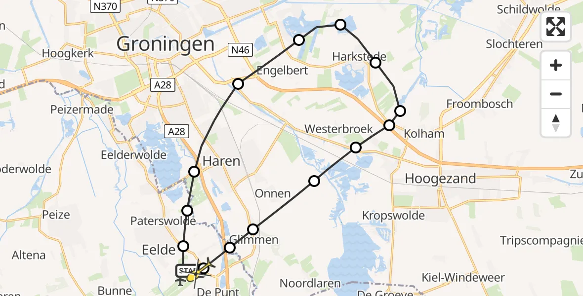 Routekaart van de vlucht: Lifeliner 4 naar Groningen Airport Eelde, Burgemeester J.G. Legroweg