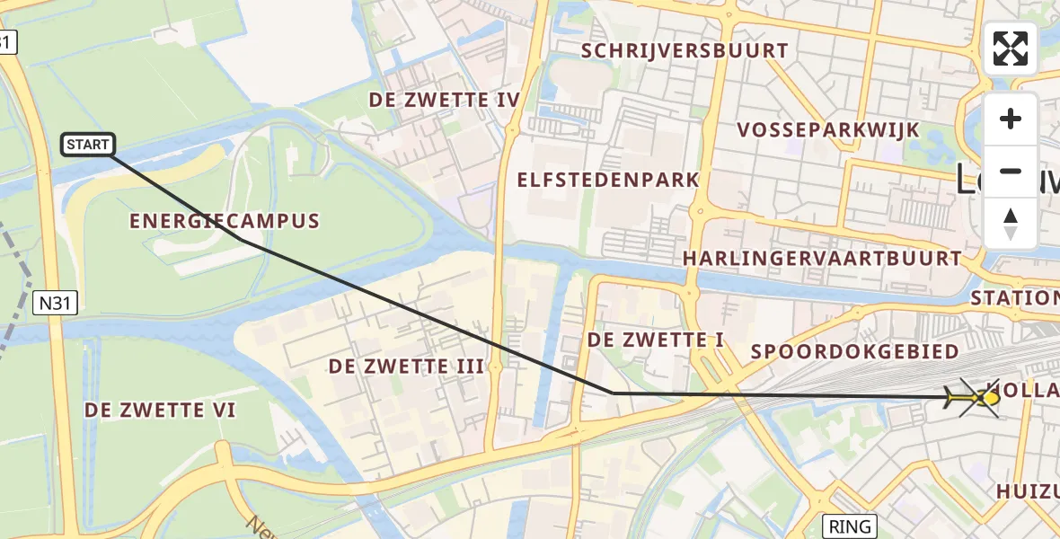 Vluchtroute Ambulancehelikopter van Leeuwarden naar Leeuwarden