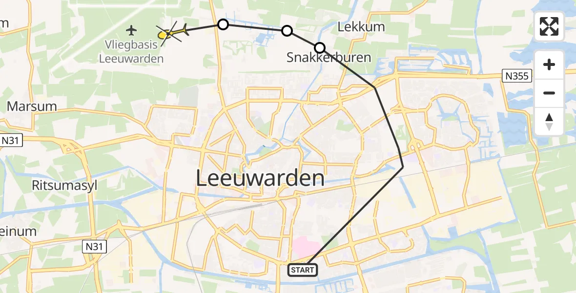 Vluchtroute Ambulancehelikopter van Leeuwarden naar Vliegbasis Leeuwarden