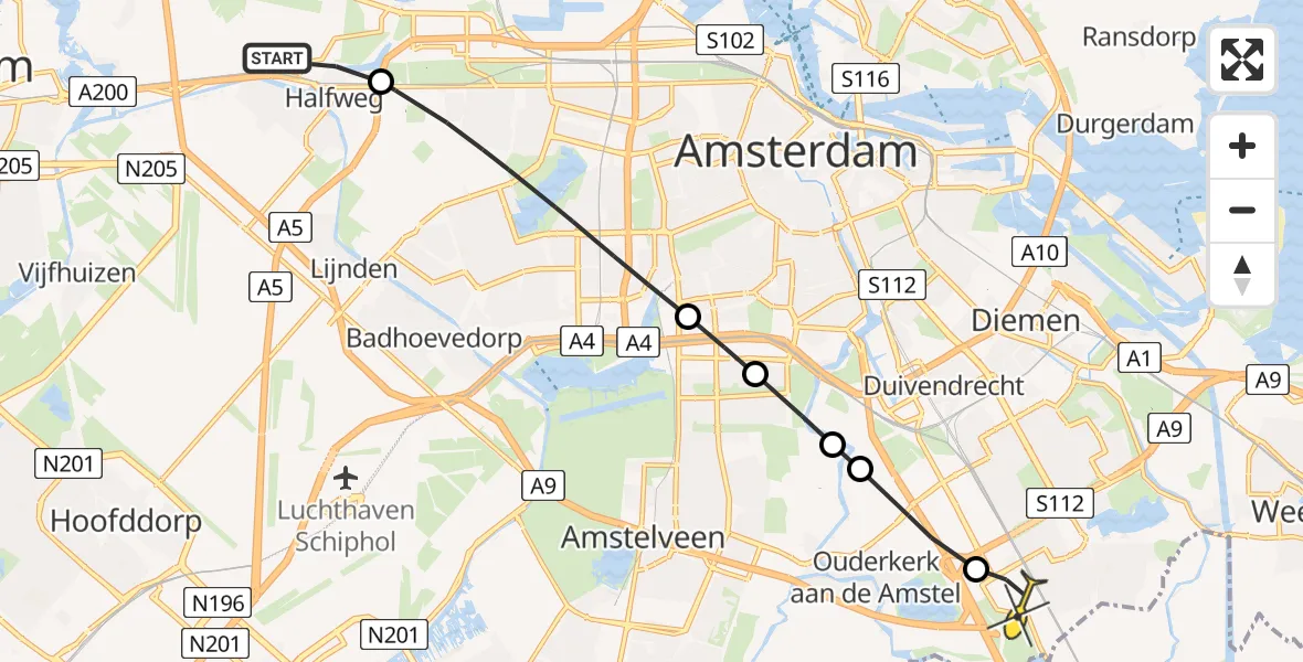 Routekaart van de vlucht: Lifeliner 1 naar Academisch Medisch Centrum (AMC), Burgemeester van Bruggenstraat