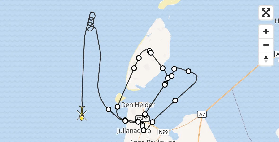 Routekaart van de vlucht: Kustwachthelikopter naar Kortevliet