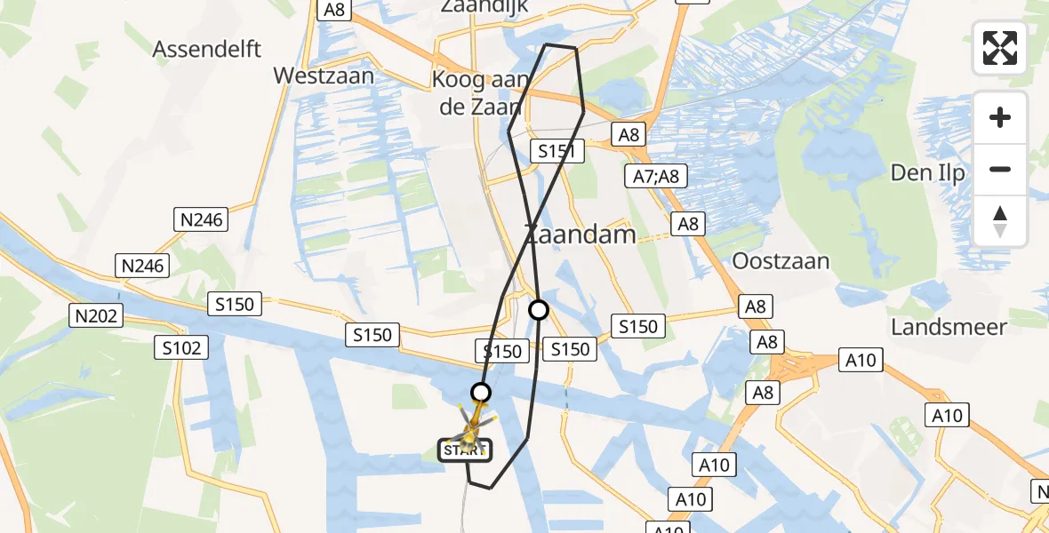 Vluchtroute Traumahelikopter van Amsterdam Heliport naar Amsterdam Heliport