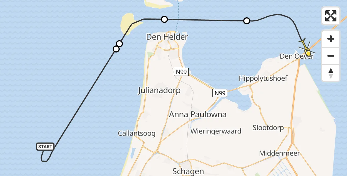 Routekaart van de vlucht: Kustwachthelikopter naar Den Oever, Afsluitdijk