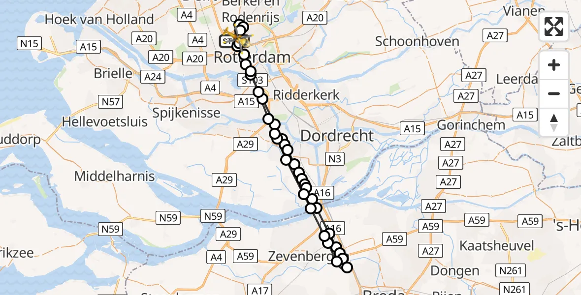 Vluchtroute Traumahelikopter Rotterdam The Hague Airport - Rotterdam The Hague Airport, 29 maart 2024, 22:05