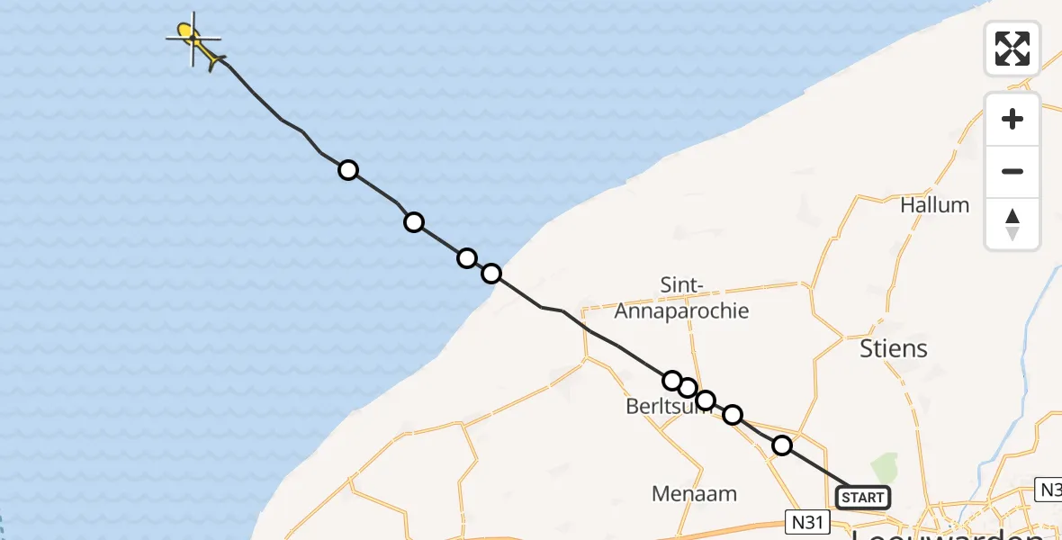 Routekaart van de vlucht: Ambulanceheli naar Oosterend, Middelseewei