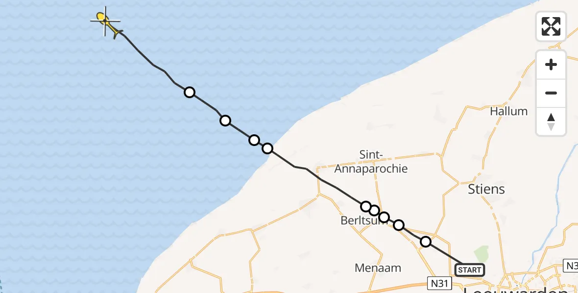 Routekaart van de vlucht: Ambulancehelikopter naar Oosterend, Middelseewei