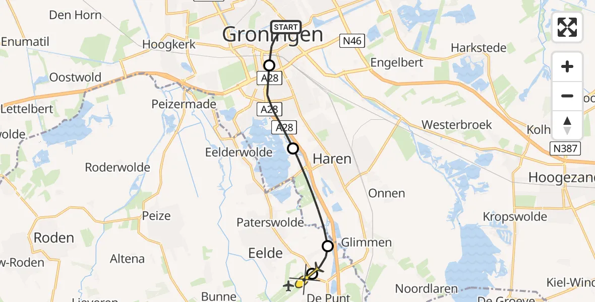 Routekaart van de vlucht: Lifeliner 4 naar Groningen Airport Eelde, Herepoortenmolendrift