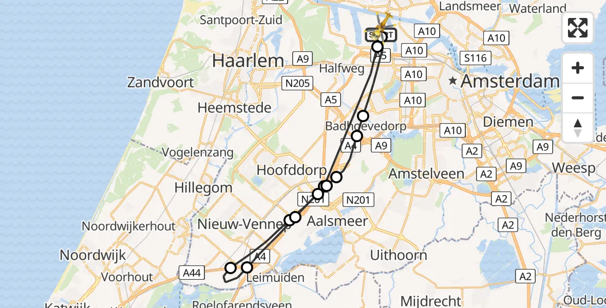 Vluchtroute Traumahelikopter van Amsterdam Heliport naar Amsterdam Heliport