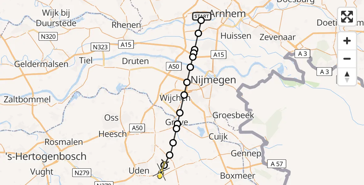 Routekaart van de vlucht: Lifeliner 3 naar Vliegbasis Volkel, Drielse Rijndijk