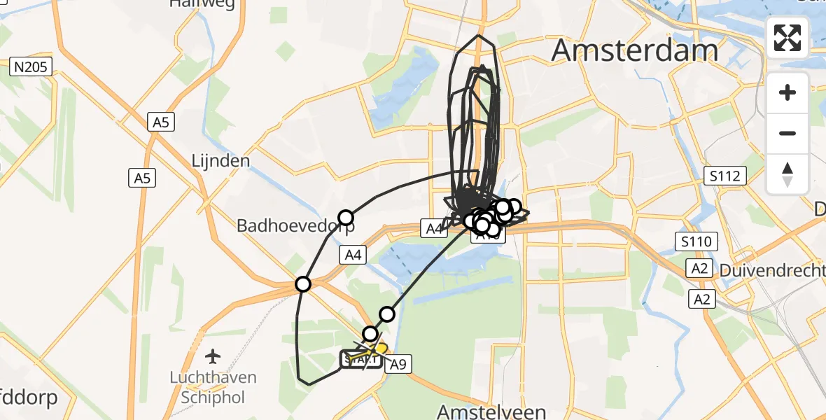 Routekaart van de vlucht: Politieheli naar Schiphol, Amsterdam-Bataviaweg