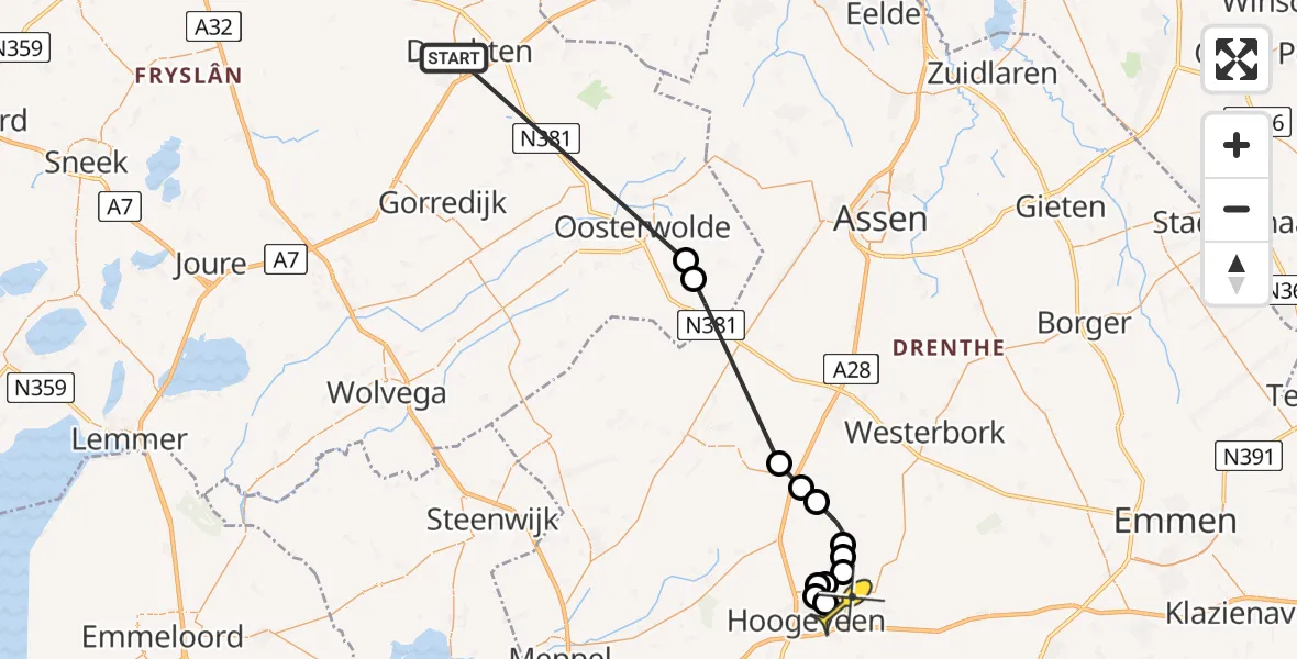 Routekaart van de vlucht: Politieheli naar Vliegveld Hoogeveen, Verlaat