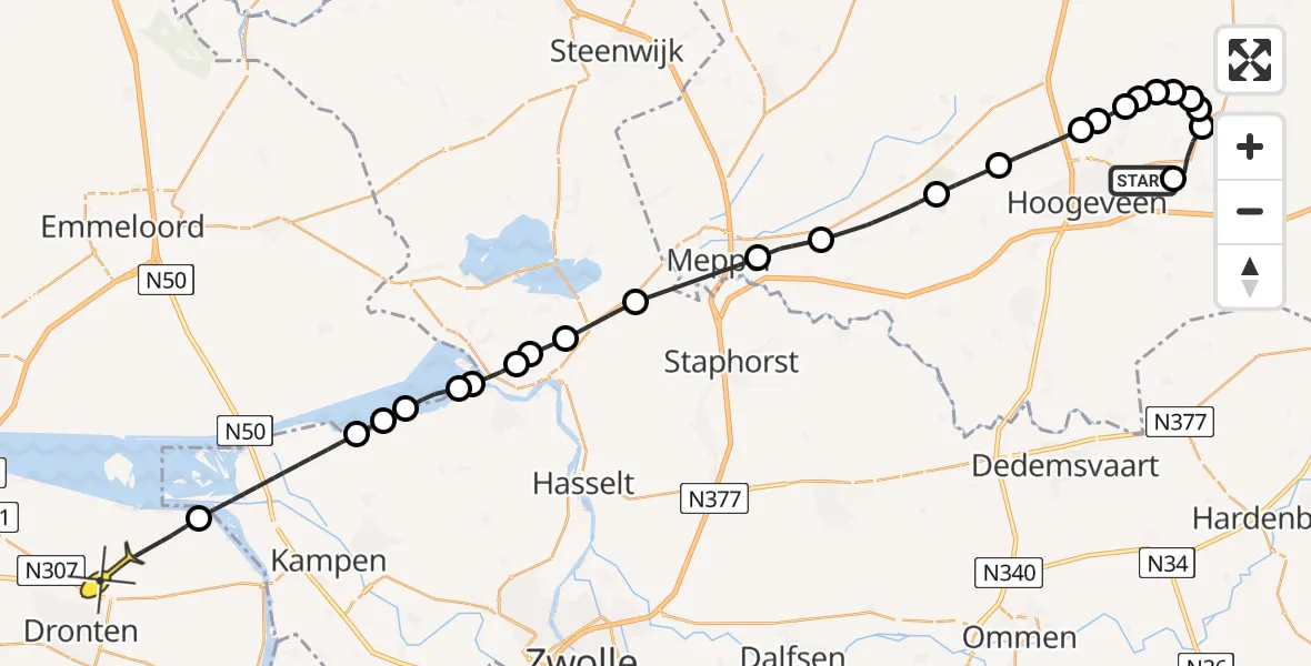 Routekaart van de vlucht: Politiehelikopter naar Dronten, 2e Wijk