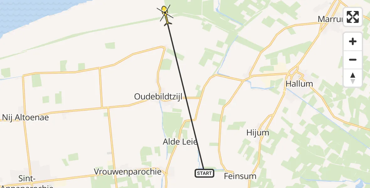 Routekaart van de vlucht: Ambulanceheli naar Oudebildtzijl, Poldijk