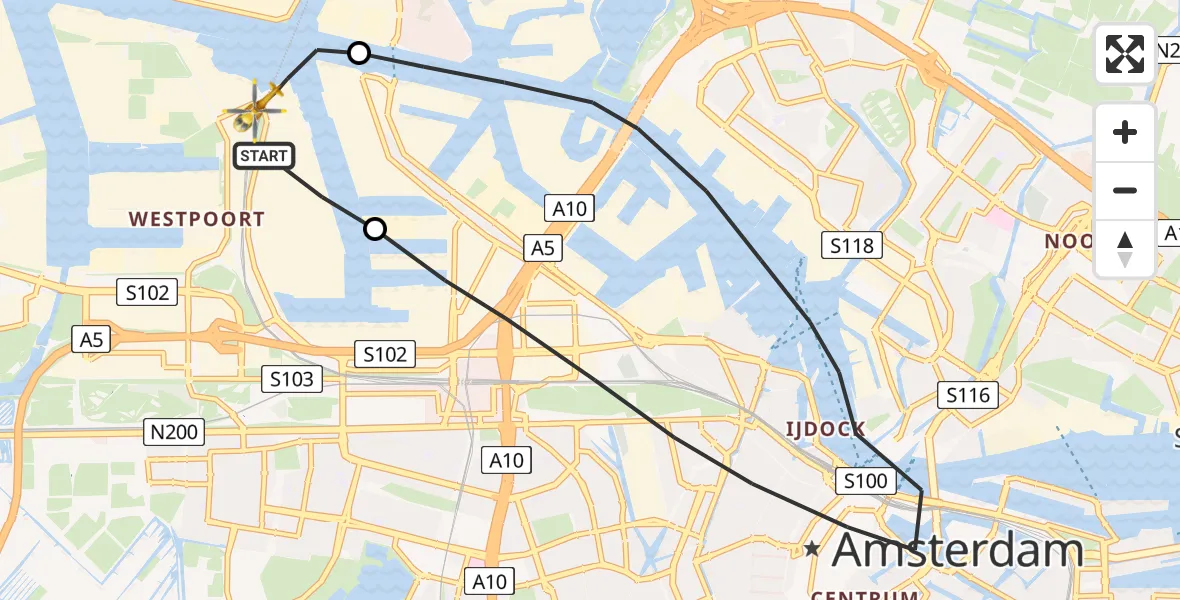 Vluchtroute Traumahelikopter van Amsterdam Heliport naar Amsterdam Heliport