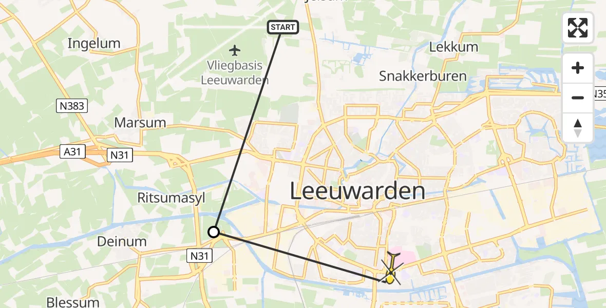 Vluchtroute Ambulancehelikopter van Vliegbasis Leeuwarden naar Leeuwarden