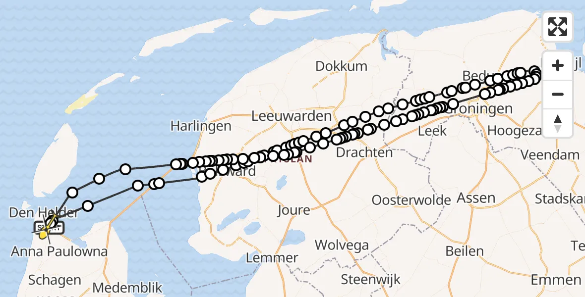 Routekaart van de vlucht: Kustwachthelikopter naar Vliegveld De Kooy, Oostoeverweg