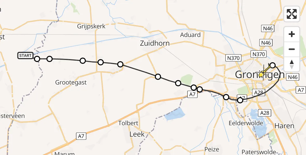 Routekaart van de vlucht: Lifeliner 4 naar Universitair Medisch Centrum Groningen, Miedweg