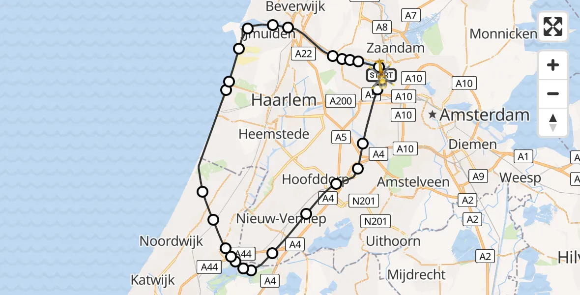 Vluchtroute Traumahelikopter van Amsterdam Heliport naar Amsterdam Heliport