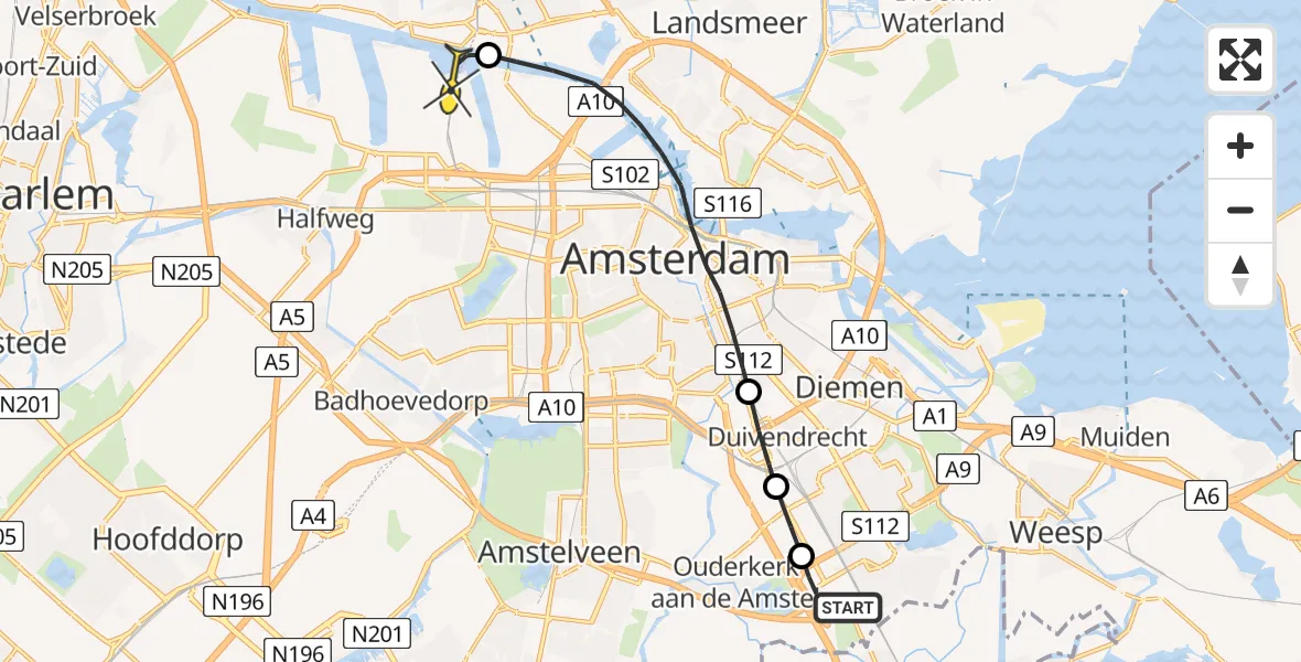 Routekaart van de vlucht: Lifeliner 1 naar Amsterdam Heliport, Schepenbergweg