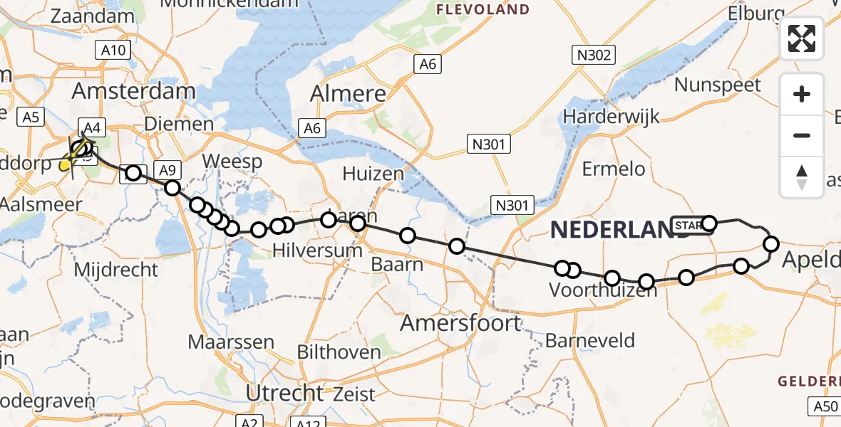 Routekaart van de vlucht: Politieheli naar Schiphol, 't Hof