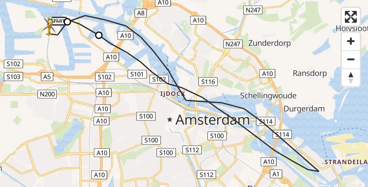 Routekaart van de vlucht: Lifeliner 1 naar Amsterdam Heliport, Kombuisweg